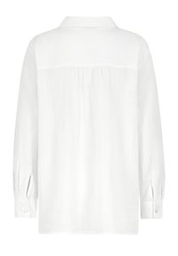 White long-sleeve shirt made of lightweight fabric. Features a collared neck, buttoned cuffs, and a relaxed fit with subtle texture.