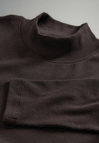 Tumši brūns rievojums turtlenecks džemperis ar mīkstu tekstūru un salocītu apkakli. Iezīmē garas piedurknes un tīru apdari pie malām.