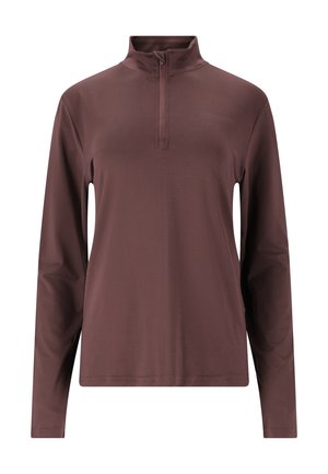 Pull-over à manches longues de couleur marron foncé, avec un col zippé mi-hauteur, une texture de tissu lisse, et un design minimaliste sans logos ni embellissements visibles.