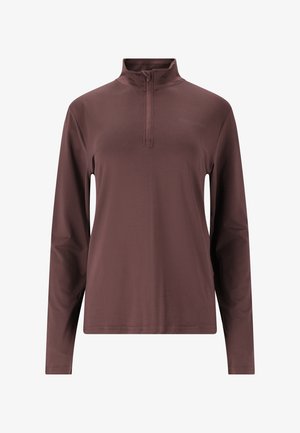 Langærmet pullover i mørkebrunt, med halv lynlås-kant, glat stoftekstur og minimalistisk design uden synlige logoer eller udsmykninger.