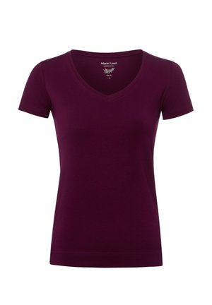 Dunkellila kurzärmeliges Slim-Fit-T-Shirt mit V-Ausschnitt und bedrucktem Etikett innen am Kragen mit der Aufschrift "Marie Lund premium cotton."