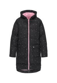 Sort polstret frakke med lyserøde detaljer, hætte, to forlommer og lynlåslukning. Mønstret med små, flerfarvede blomsterdesigns.