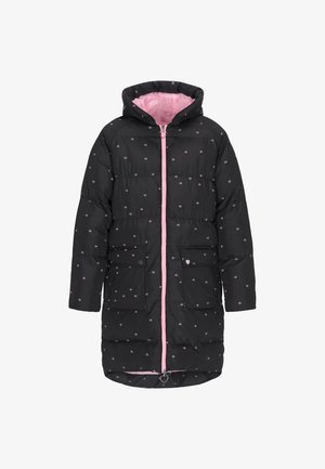 Musta topattu takki, jossa on vaaleanpunaiset yksityiskohdat, huppu, kaksi etutaskua ja vetoketjusuljenta. Kuviollinen pienillä, monivärisillä kukkakuvioilla.