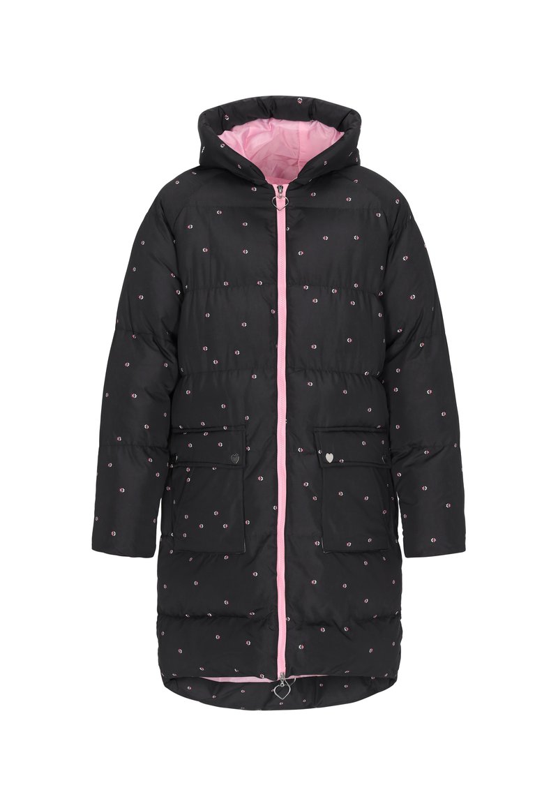 Sort polstret frakke med lyserøde detaljer, hætte, to forlommer og lynlåslukning. Mønstret med små, flerfarvede blomsterdesigns.