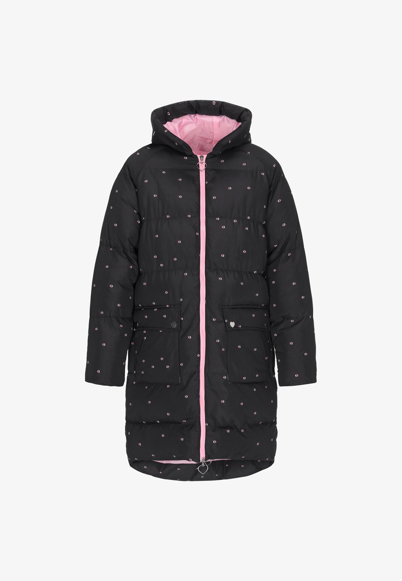 Sort polstret frakke med lyserøde detaljer, hætte, to forlommer og lynlåslukning. Mønstret med små, flerfarvede blomsterdesigns.