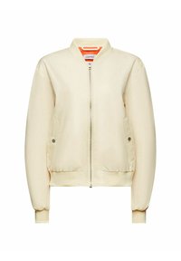 Blouson aviateur couleur crème avec fermeture éclair à l'avant, poignets et ourlet côtelés, poches latérales à bouton-pression et col court.