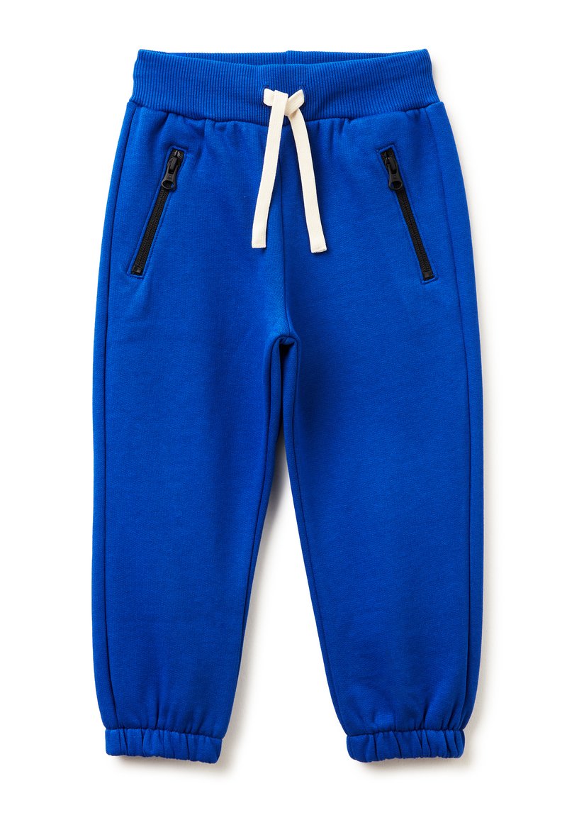 Pantalones de chándal azules con una cintura acanalada y cordón blanco. Cuenta con dos bolsillos laterales con cremallera y puños elásticos en los tobillos.