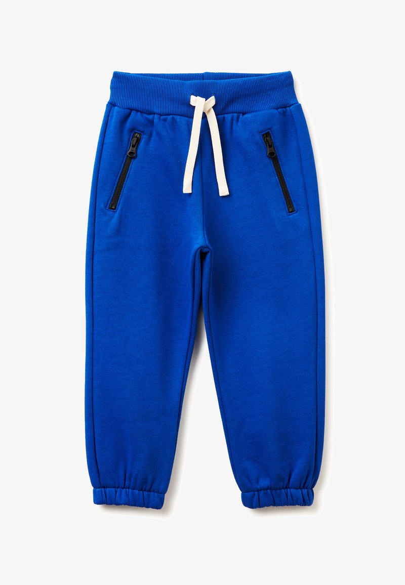 Blaue Sweatpants mit einem gerippten Taillenbund und weißem Kordelzug. Verfügt über zwei seitliche Reißverschlusstaschen und elastische Bündchen an den Knöcheln.