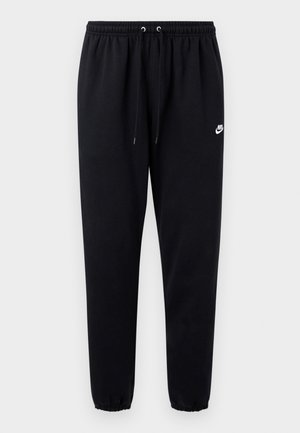 Černé tepláky z měkké látky s elastickým pasem se šňůrkou, zužujícími se nohavicemi a malým bílým logem na levé straně.