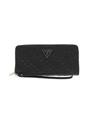 Portefeuille bracelet noir Guess avec motif cœur matelassé, fermeture éclair dorée et plaque logo triangulaire à l'avant.