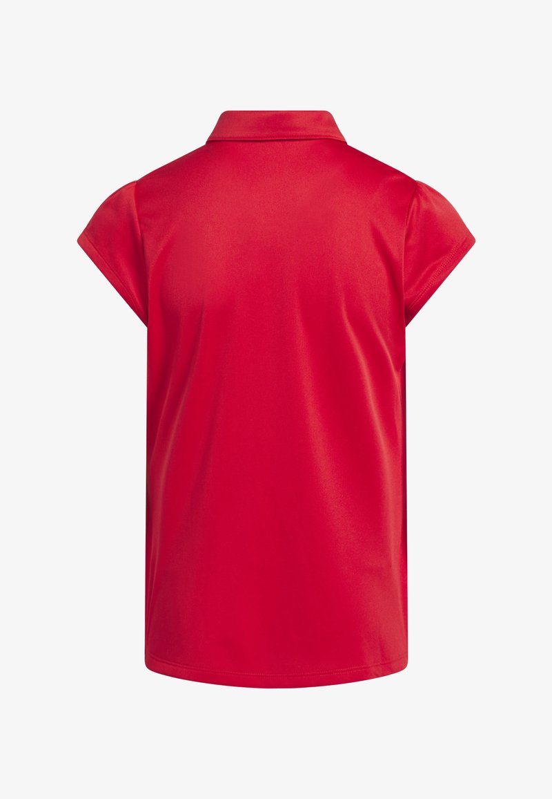 Polo rouge à manches courtes avec col, vu de dos, fabriqué en tissu lisse avec un léger éclat.