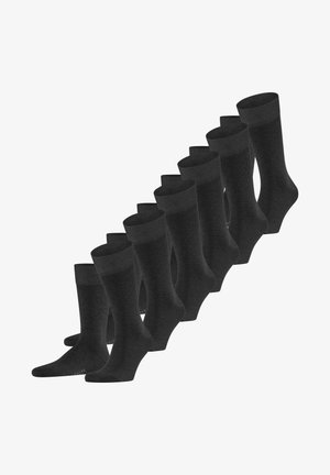 Black cotton socks, mid-calf length, with a ribbed top band and seamless toe, displayed in a row, featuring a soft, smooth texture.
