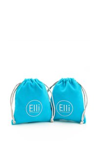 Two turquoise fabric bags with a drawstring closure, featuring a circular white logo that reads "Elli by Julie & Grace."