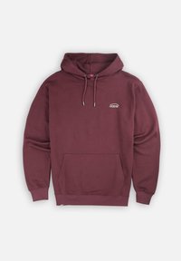 Hoodie bordeaux avec une poche kangourou, capuche avec cordon de serrage réglable et un petit logo blanc sur la poitrine. Texture douce, manches longues.