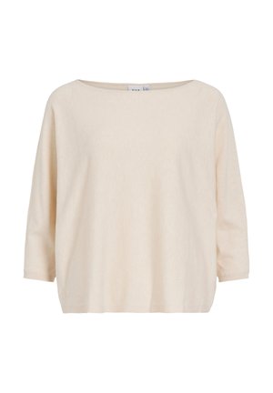 Beiger Pullover mit langen Ärmeln, weitem Rundhalsausschnitt und lockerem, entspanntem Schnitt.