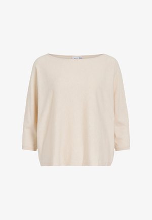 Beiger Pullover mit langen Ärmeln, weitem Rundhalsausschnitt und lockerem, entspanntem Schnitt.