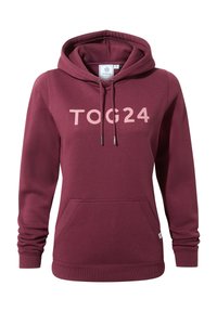 Maroon hooded sweatshirt with front pocket, drawstrings, and "TOG24" logo in light pink across the chest.