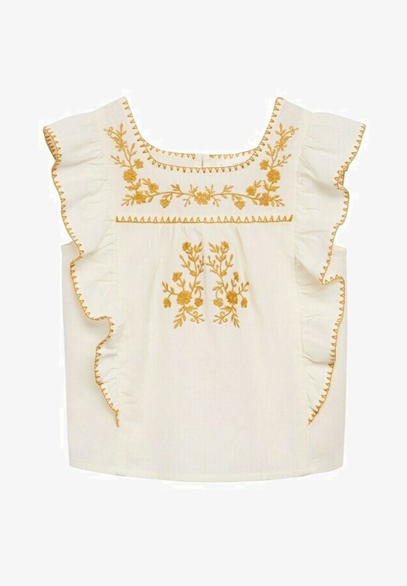 Blouse sans manches crème avec broderie florale jaune et bords à volants le long des emmanchures et de l'encolure.