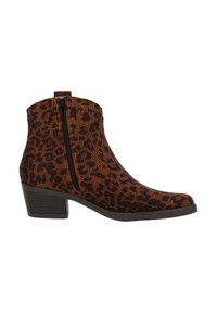 Ankle-high brown suede boot with black leopard spots, side zipper, low stacked heel, and pointed toe.