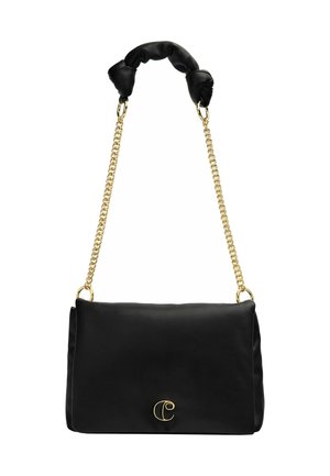 Black leather handbag with a soft texture, a gold chain strap, and a knotted fabric handle detailing. Features a prominent gold logo on the front.