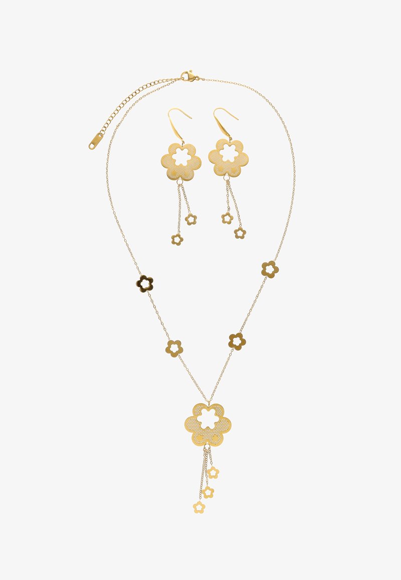 Naszyjnik i pasujące kolczyki w złotym odcieniu z motywem kwiatów, z wyciętymi płatkami i wiszącymi kwiatowymi zawieszkami na cienkich łańcuszkach.