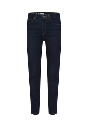 Jean skinny bleu foncé en denim avec un design à cinq poches, des coutures contrastées et une fermeture à bouton à la taille.
