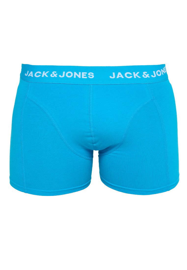 Boxer da uomo blu brillante con la scritta "JACK & JONES" stampata in bianco sull'elastico della vita, cuciture del taschino anteriore visibili.
