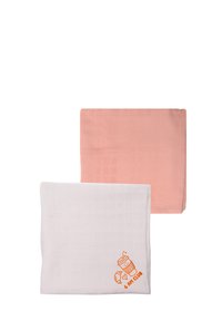 Zwei Küchentücher: eines in zartem Rosa und eines in Weiß mit einer Gitterstruktur. Das weiße Tuch zeigt eine orangefarbene Grafik einer Kaffeetasse und einem Croissant.