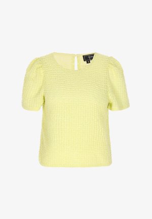 Žlutý texturovaný top s krátkými balonovými rukávy, čtvercovým výstřihem a detailem na zádech v podobě klíčové dírky. Vyrobeno z tkaniny s křížovým vzorem.