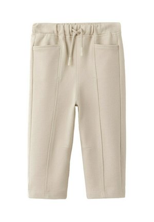 Beige bukser til småbørn med elastik i taljen, snøre, to forlommer med lap, og synlige sømdetaljer på hvid baggrund.