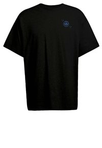 Černé bavlněné tričko s volnějším střihem a krátkými rukávy. Na levé horní části hrudi je potisk modrého loga. Bez vzorů.