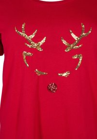 Rød bomulds t-shirt med guld palietter i form af rensdyrhorn og en rød paliet nose, med korte ærmer og rund hals.