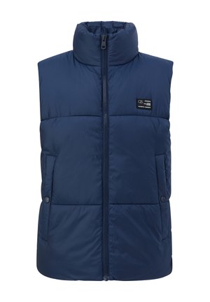Navy blue, sleeveless puffer vest with high collar, front zipper, and two side pockets. Features horizontal stitching and brand tag on chest.