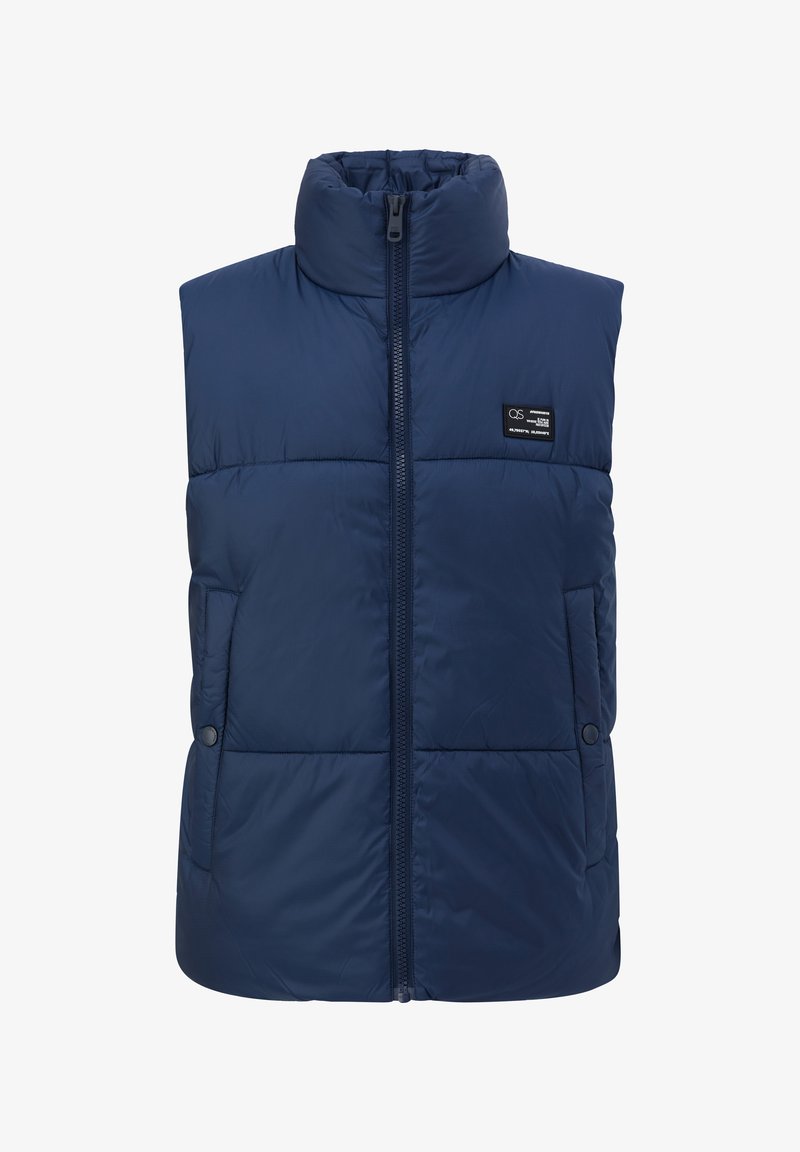 Gilet matelassé sans manches bleu marine avec col haut, fermeture éclair à l'avant et deux poches latérales. Présente des coutures horizontales et une étiquette de marque sur la poitrine.