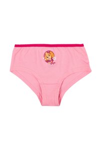 Mutandine di cotone rosa con un simpatico personaggio di un cane in stile cartone animato, bordate da un vivace rifinitura rosa e decorazioni floreali che circondano il design.