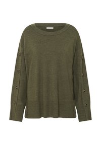 Olive green sweater made of knit material, featuring a wide neckline, long sleeves with button accents along cuffs, and a relaxed fit.