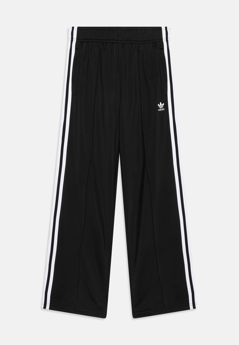 Svarta atletiska byxor med breda ben, med vita sidremsor och en broderad logotyp på framsidan. Tillverkade av ett jämnt tyg.