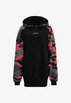Felpa nera con maniche a motivo camouflage in rosa e grigio. Presenta una tasca frontale e un cappuccio con cordino. Logo stampato sul petto.