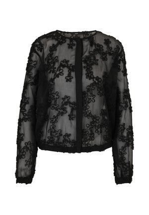 Schwarze durchsichtige Jacke mit floraler Stickerei, langen Ärmeln, rundem Ausschnitt und Vorderverschluss mit einem zentralen Band. Strukturierter Stoff.