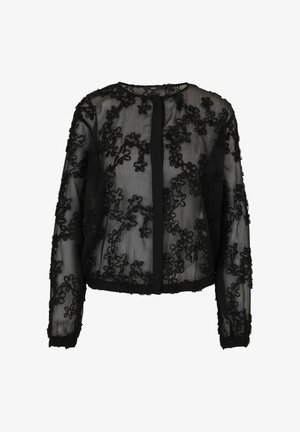 Schwarze durchsichtige Jacke mit floraler Stickerei, langen Ärmeln, rundem Ausschnitt und Vorderverschluss mit einem zentralen Band. Strukturierter Stoff.