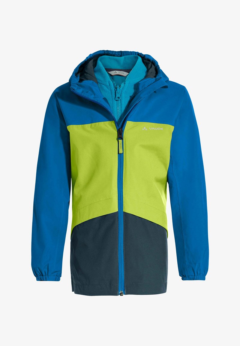 Wasserfeste Jacke in Blau und Grün mit verstellbarem Kapuzen, ausgestattet mit einem Reißverschluss, elastischen Bündchen und einem Color-Blocking-Design in drei Farbtönen.