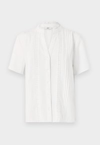 Bílá blůza s krátkým rukávem a mandarínským límcem, s vertikálními sklady a krajkovými detaily. Přední zapínání na knoflíky, lehký materiál.