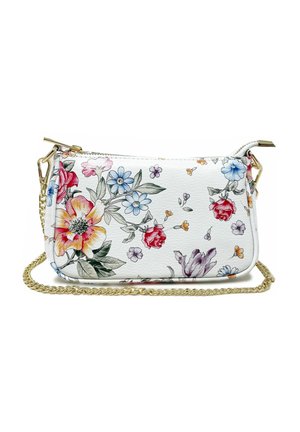 Květinová crossbody taška s bílým texturovaným povrchem, zdobená barevnými květinovými vzory a zlatým řetízkovým páskem. Zapínání na zip na vrchu.