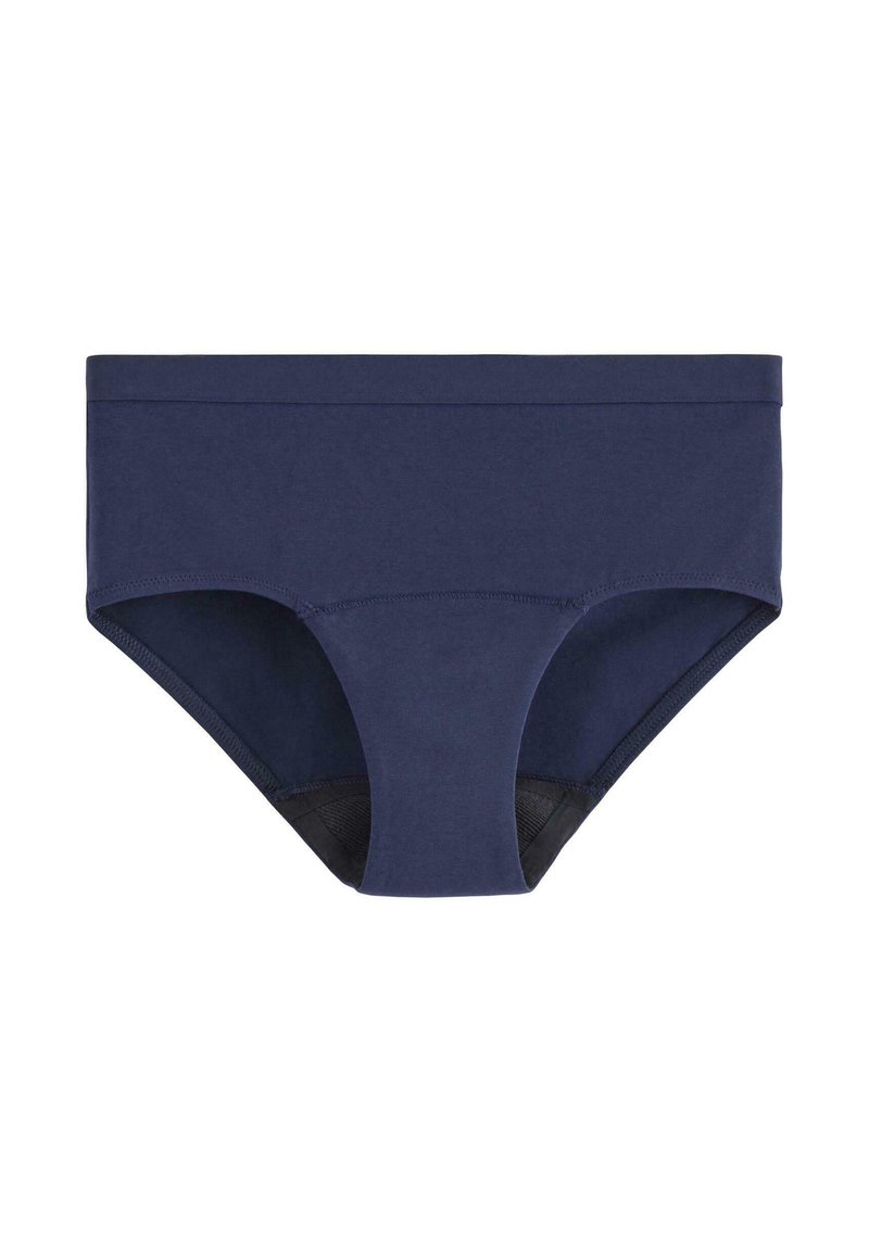 Marineblå bomuldsbikini-trusser med en flad talje, der tilbyder en glat tekstur og et enkelt design uden synlige mønstre eller hardware.