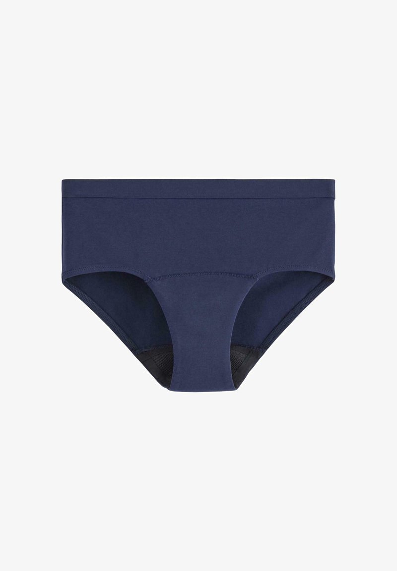 Marineblå bomuldsbikini-trusser med en flad talje, der tilbyder en glat tekstur og et enkelt design uden synlige mønstre eller hardware.