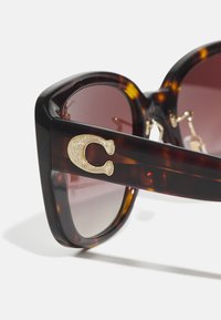 Tortoise-shell sunglasses with gradient lenses, featuring a gold-tone "C" accent on the arm and a thick, glossy frame.