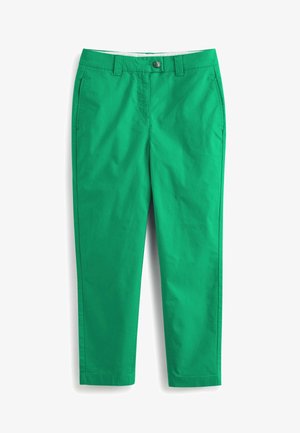 Pantalon vert en tissu léger, avec une fermeture à boutons, deux poches latérales et une coupe droite. Texture lisse.