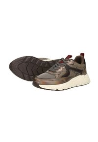 Mesh- en leren sneakers in bruin met iriserende accenten. Dikke witte zool met een geruwde grip. Contrasterende zwarte en rode veters.