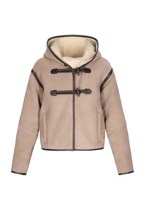 Brun læderjakke med hætte, der har et shearling-fôr, lukninger med toggle og sorte trim-detaljer. Glat tekstur og cropped design.