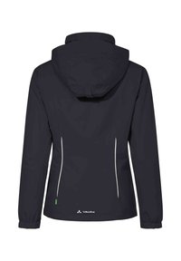 Giacca impermeabile blu navy con cappuccio, caratterizzata da piping bianchi sui lati, polsini elasticizzati e un logo sull'orlo inferiore.
